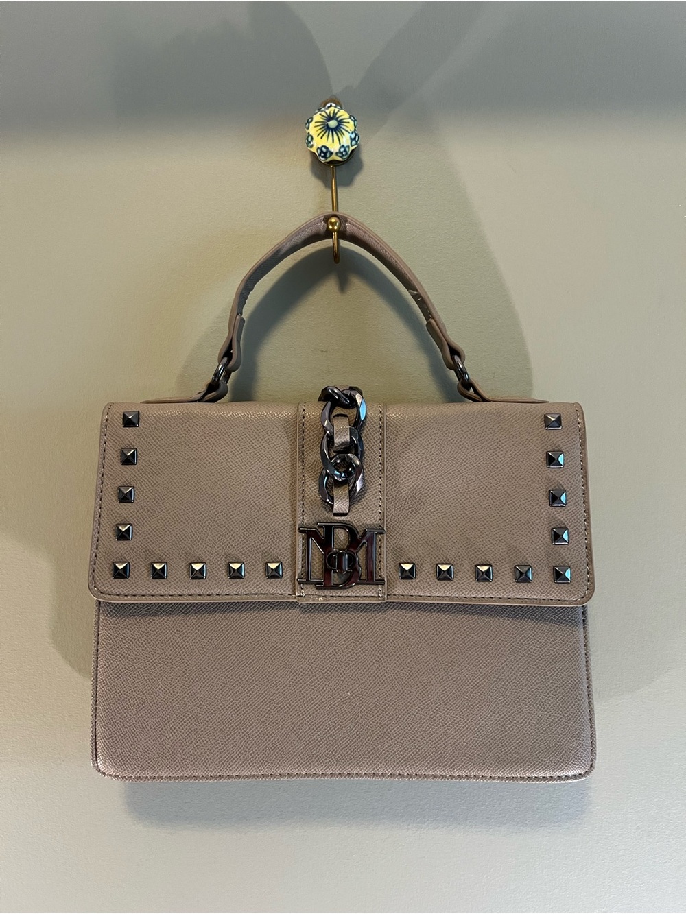 Badgley Mischka Taupe Structured Satchel with Gunmetal Studs | Vegan Leather